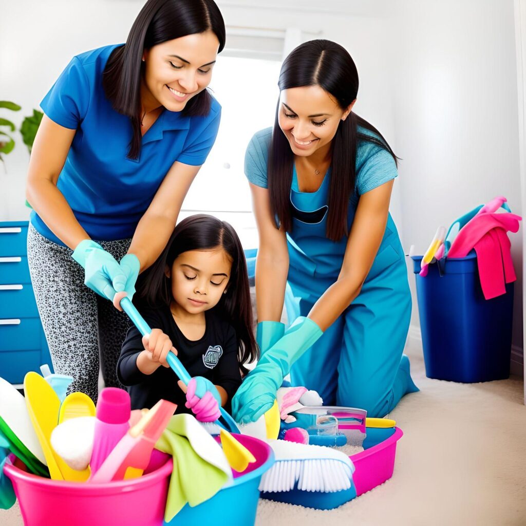 family and cleaner organising cleaning materials with child setting home cleaning routine
